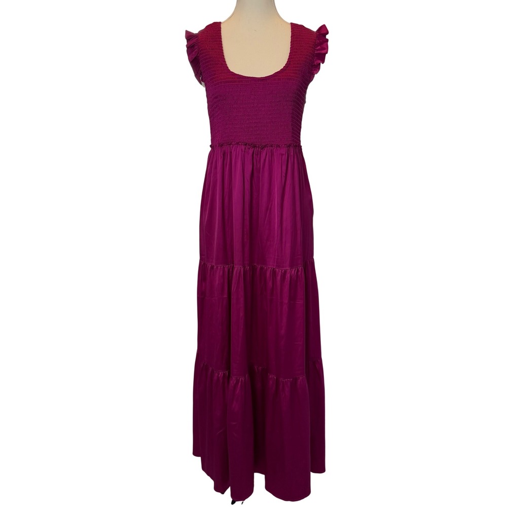 Natural Life Magenta Pink Olivia Smocked Tiered Maxi Dress Ruffle Sleeve Medium